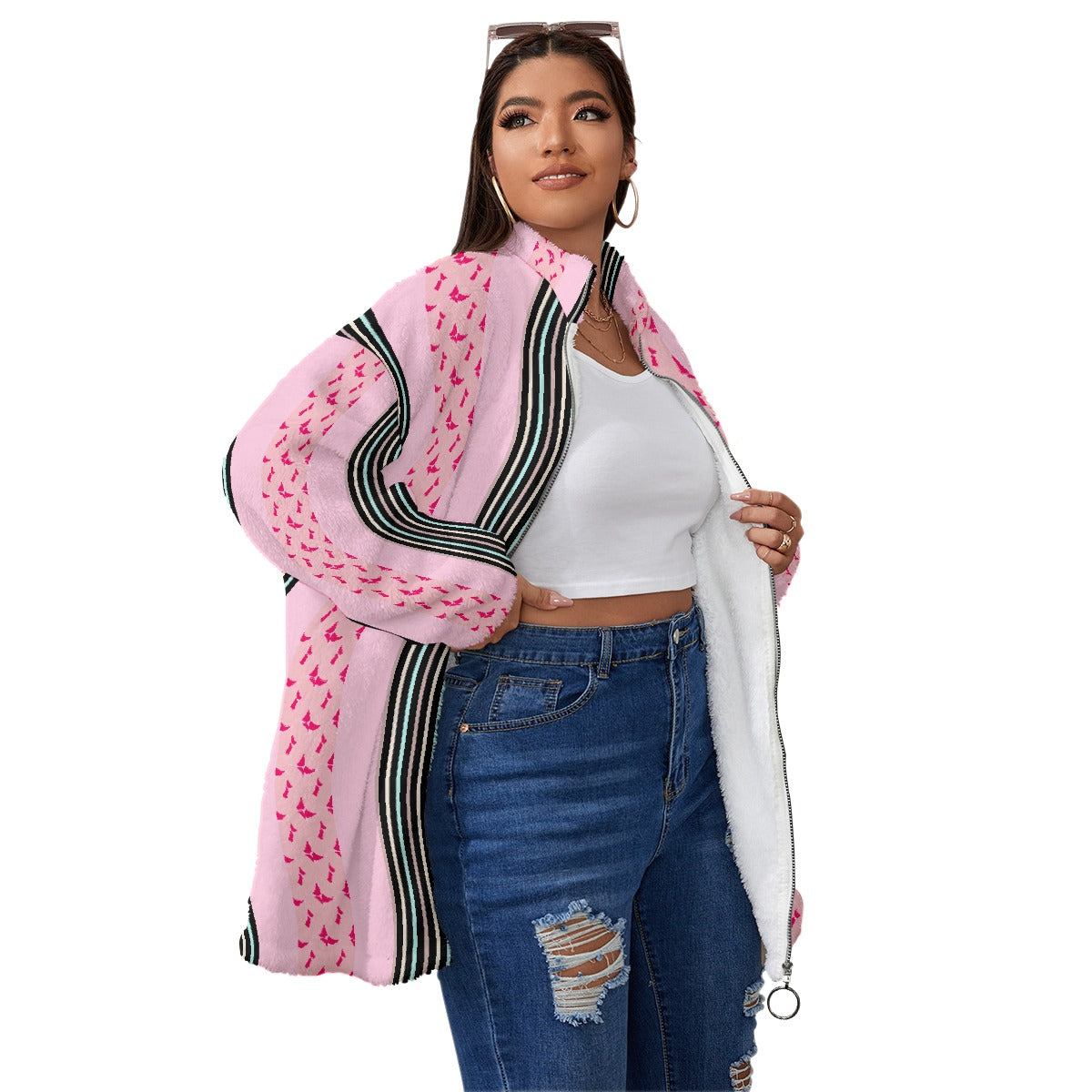 All-Over Print Unisex Borg Fleece Stand-up Collar Coat With Zipper Closure(Plus Size)