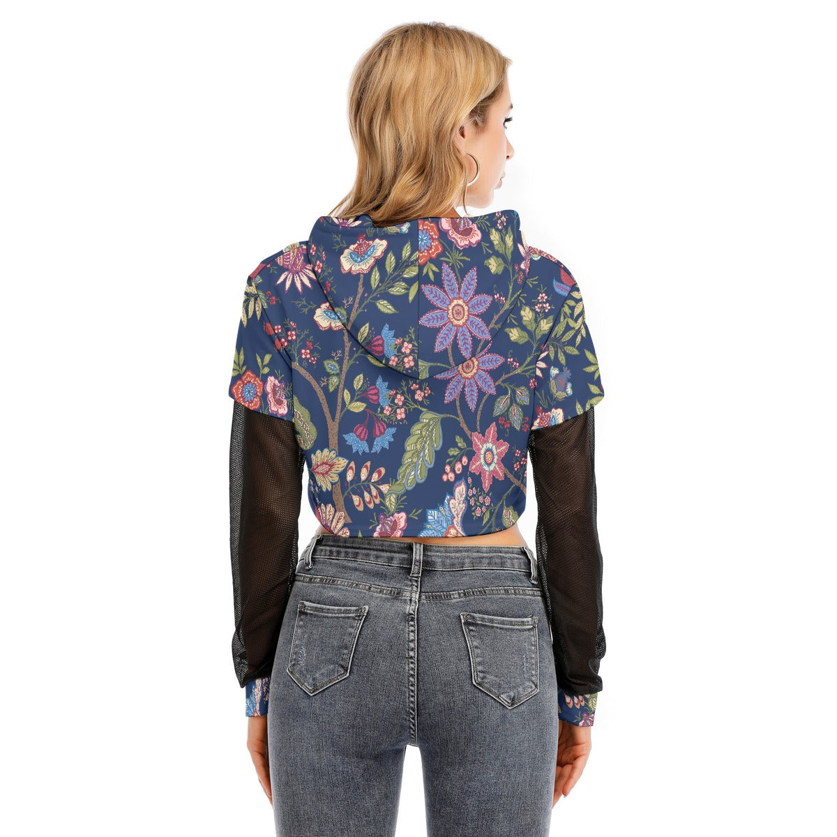 All-Over Print Women's Fake Two-piece Mesh Sleeve Cropped Hoodie