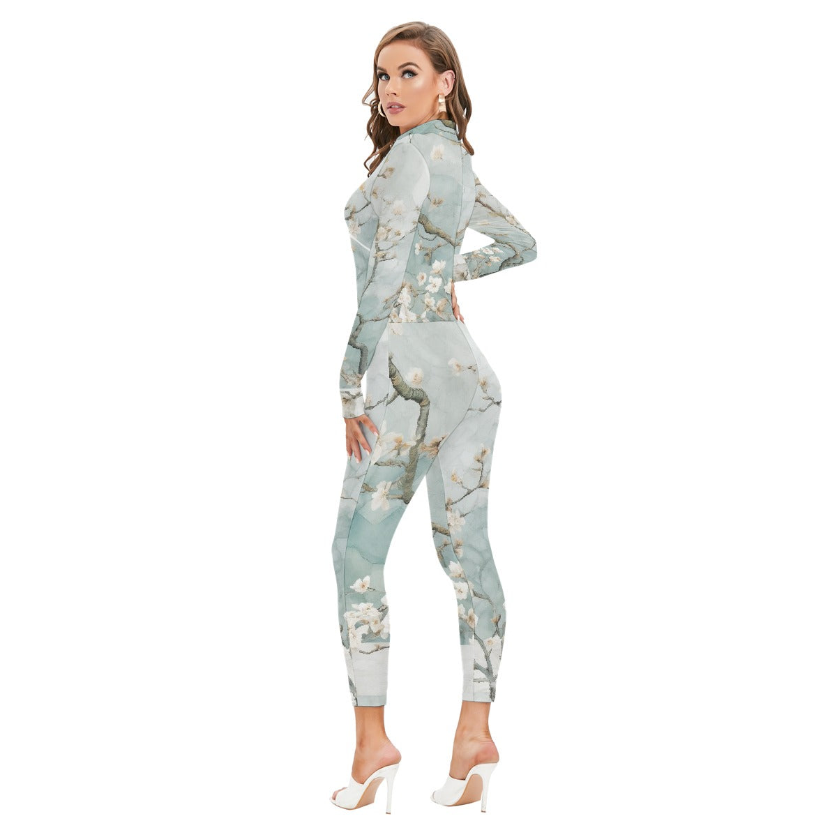 All-Over Print Women's Long-sleeved High-neck Jumpsuit With Zipper