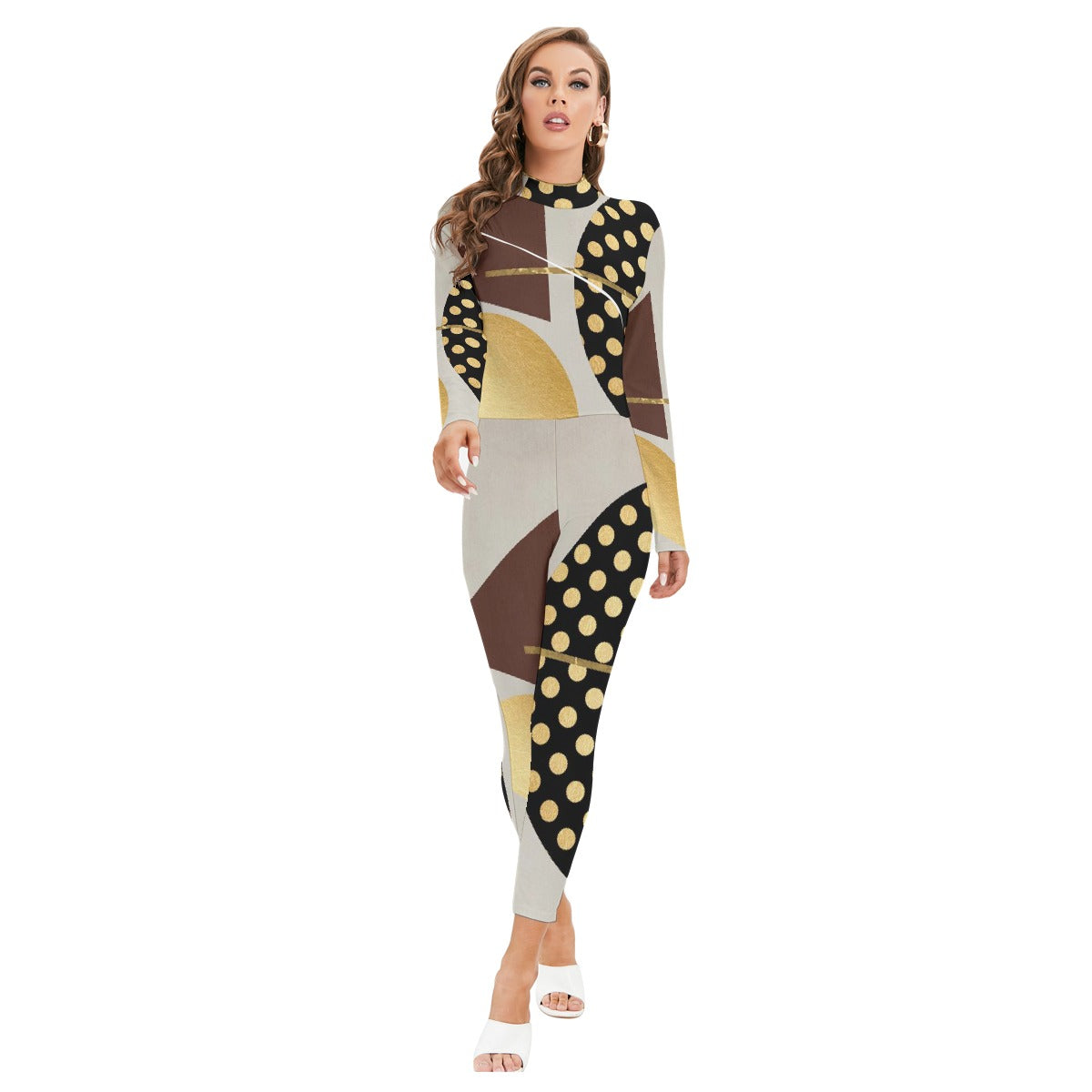 All-Over Print Women's Long-sleeved High-neck Jumpsuit With Zipper