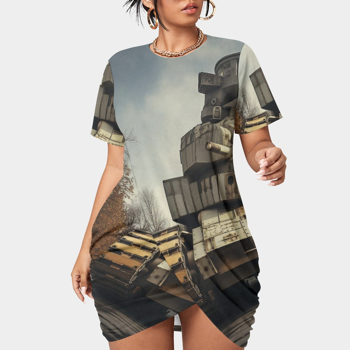 All-Over Print Women’s Stacked Hem Dress With Short Sleeve（Plus Size）