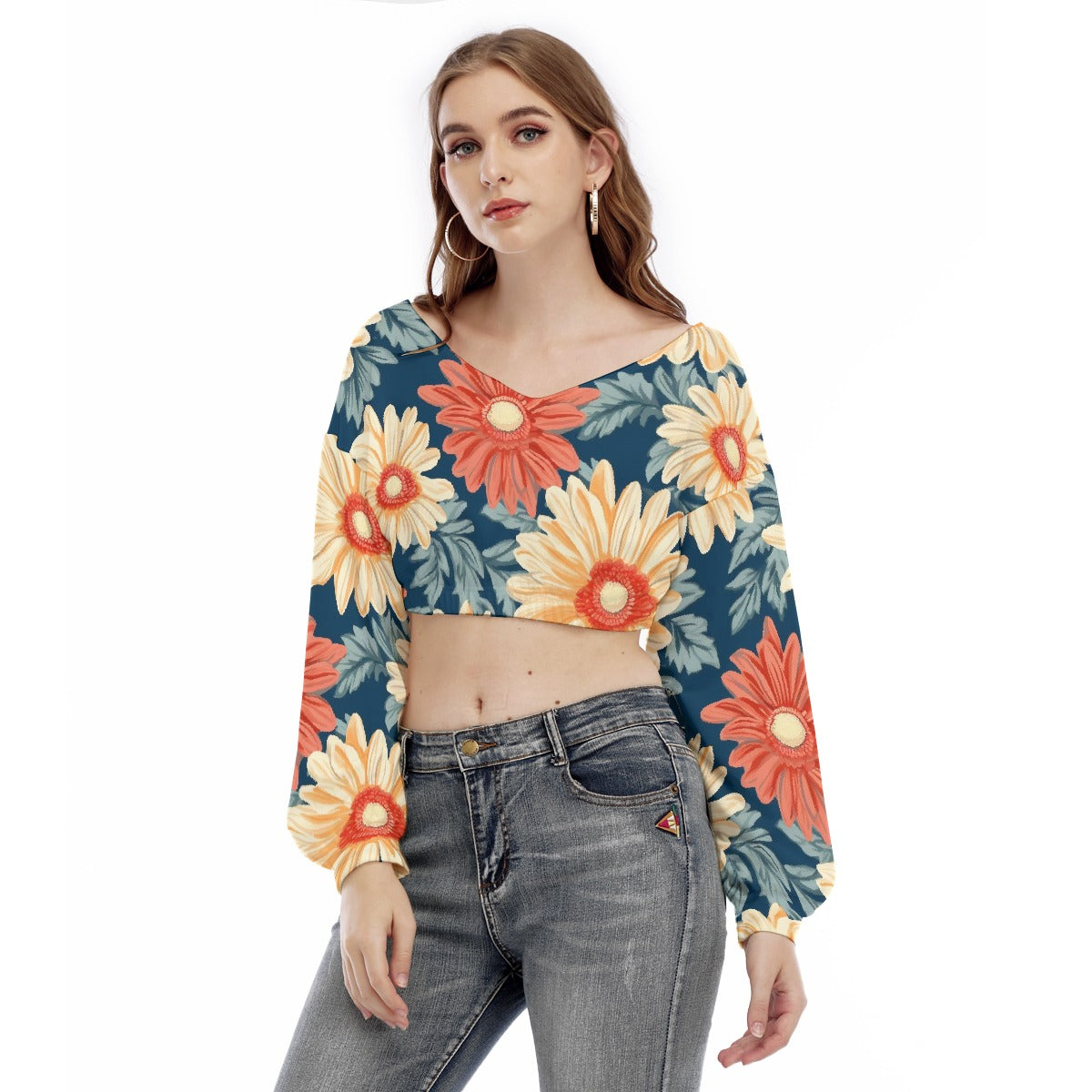 All-Over Print Women's V-neck Long Sleeve Cropped Sweatshirt