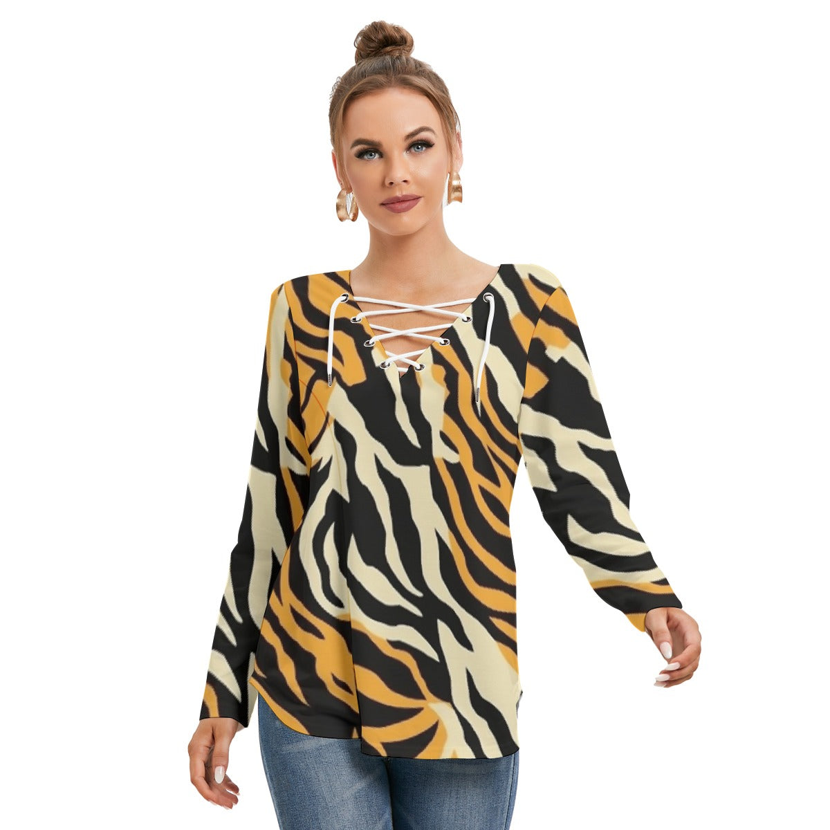 All-Over Print Women's Long Sleeve Neckline Tie Sweatshirt