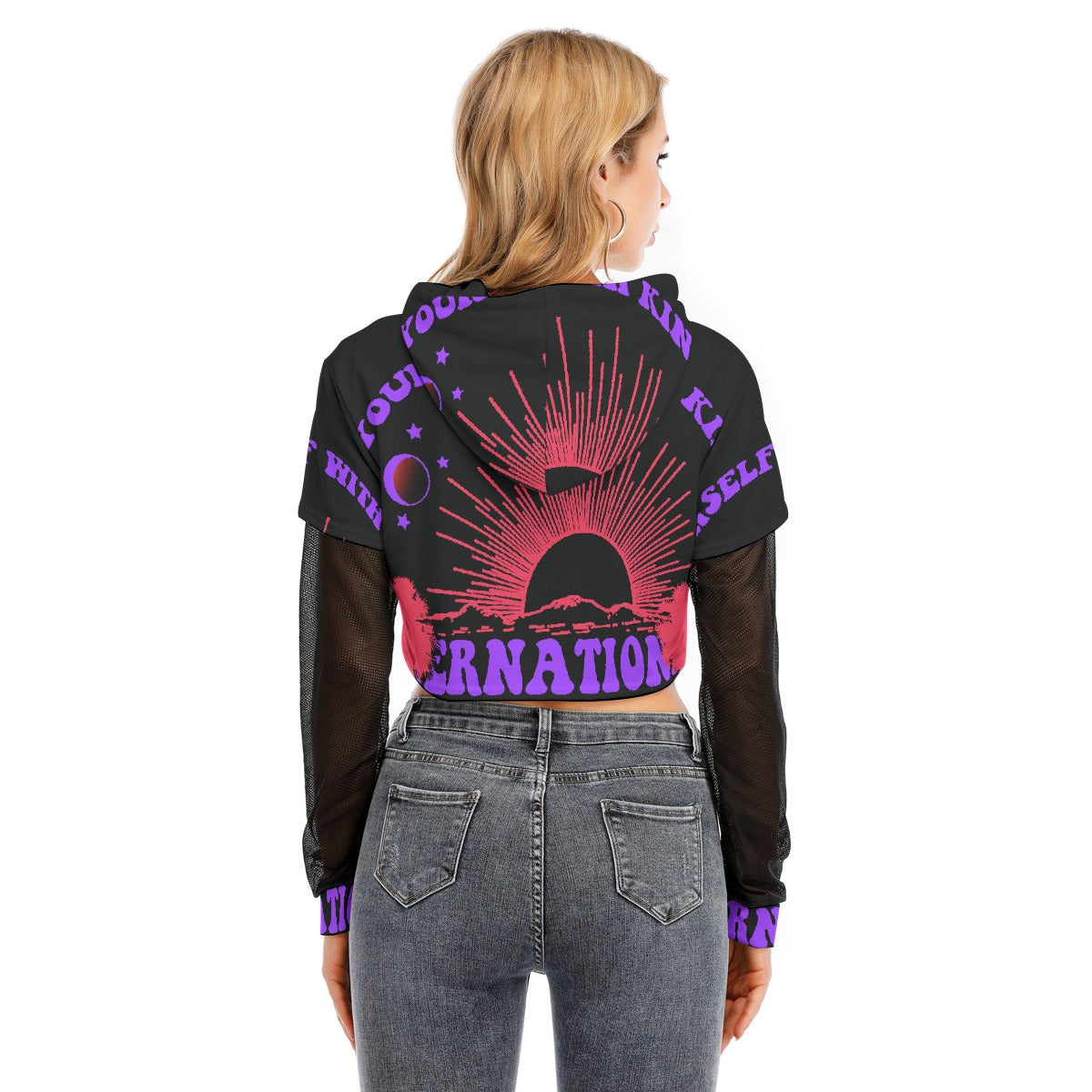 All-Over Print Women's Fake Two-piece Mesh Sleeve Cropped Hoodie