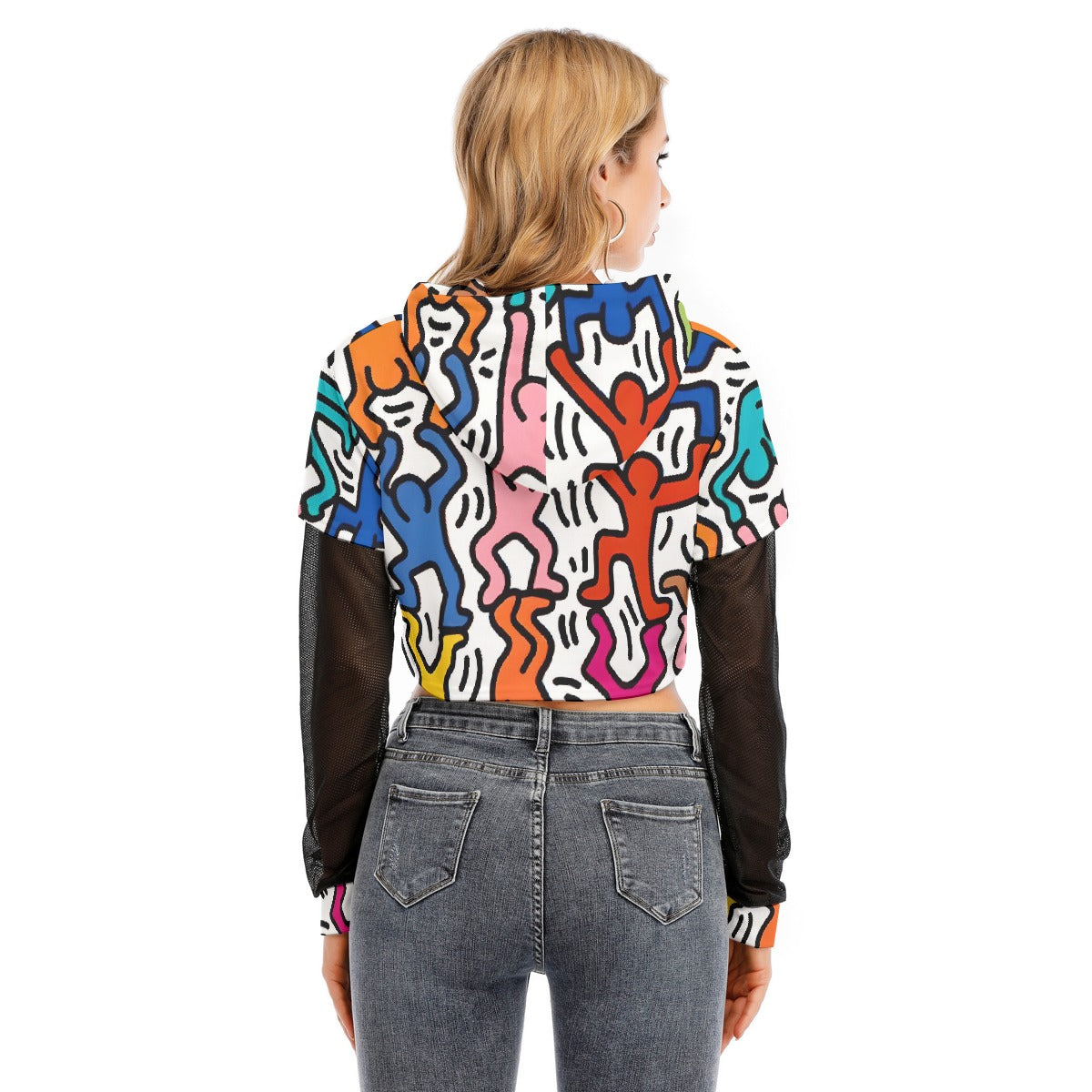 All-Over Print Women's Fake Two-piece Mesh Sleeve Cropped Hoodie
