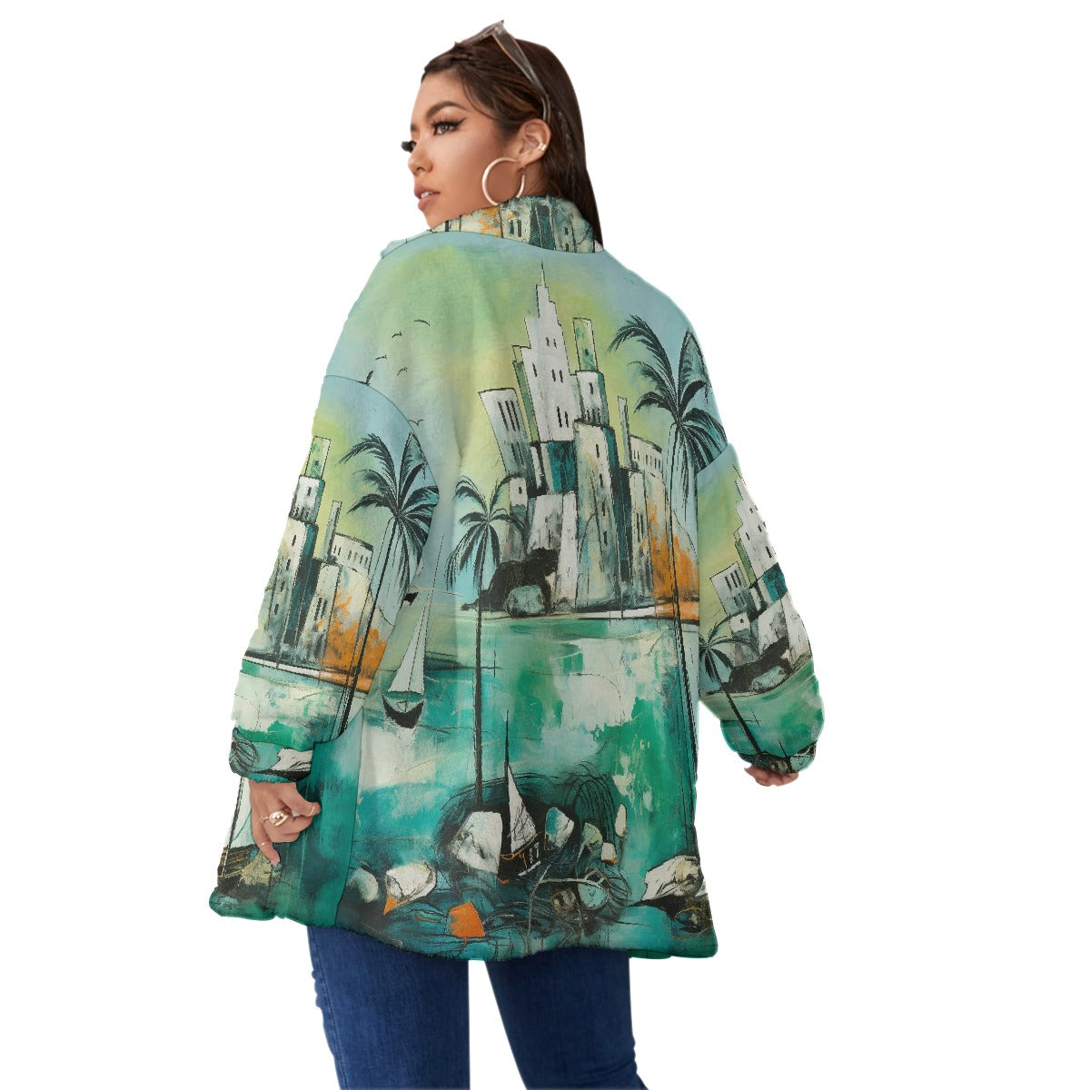 All-Over Print Unisex Borg Fleece Stand-up Collar Coat With Zipper Closure(Plus Size)