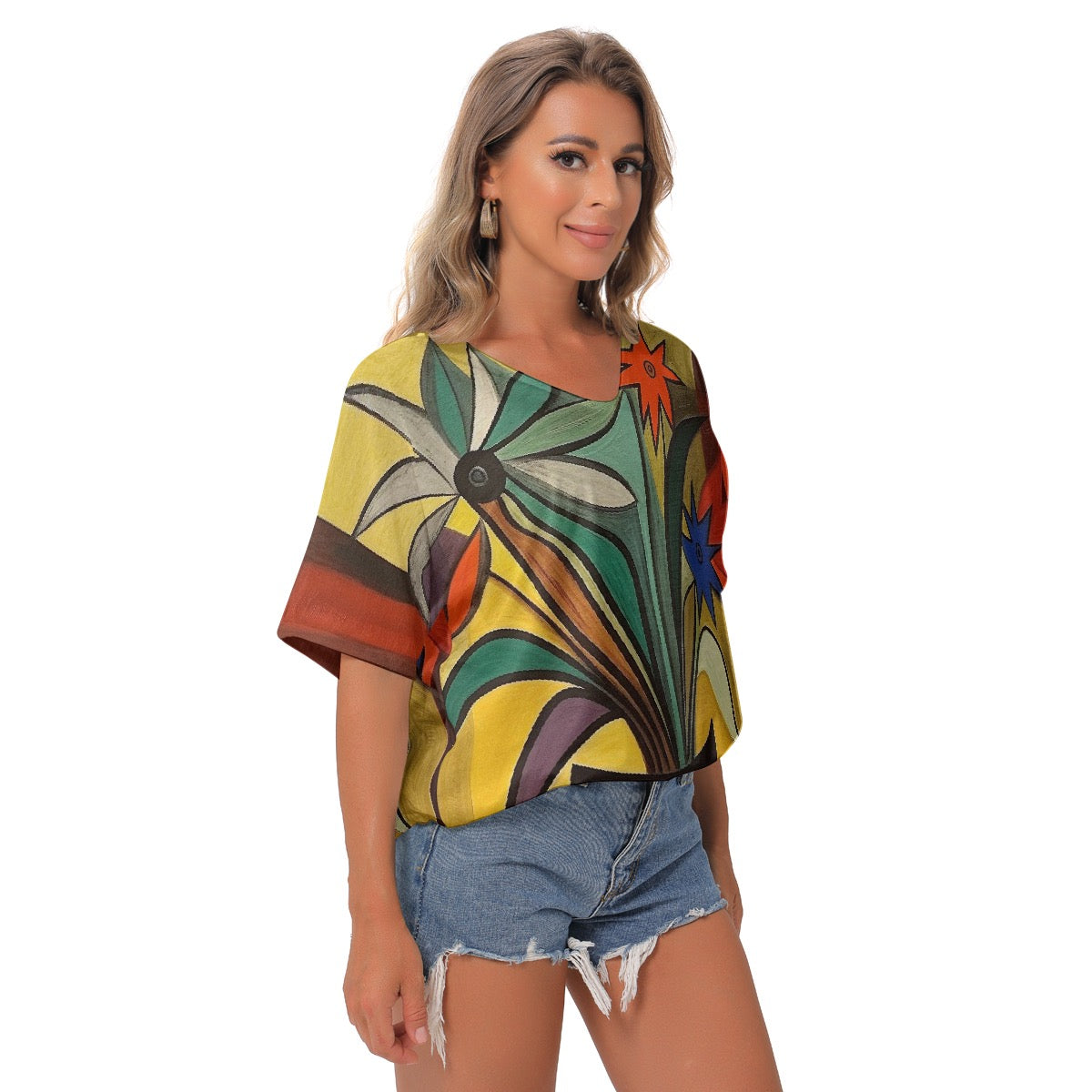 All-Over Print Women's Bat Sleeves V-Neck Blouse