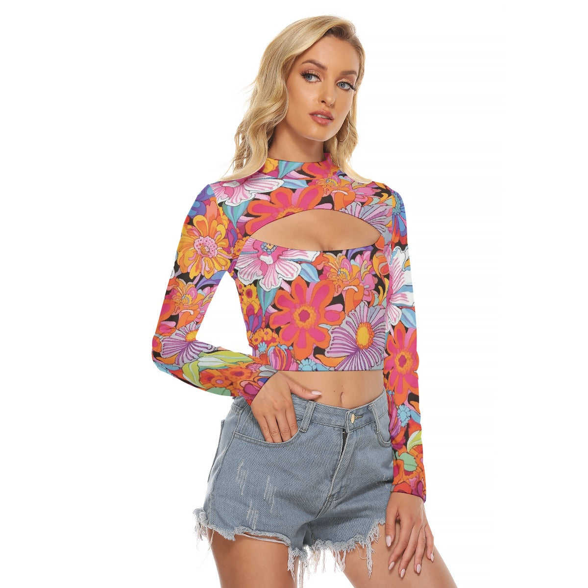 All-Over Print Women's Hollow Chest Keyhole Tight Crop Top