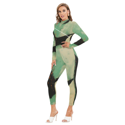 All-Over Print Women's Long-sleeved High-neck Jumpsuit With Zipper