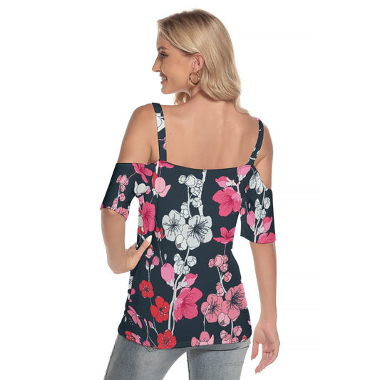 All-Over Print Women's Cold Shoulder T-shirt With Criss Cross Strips