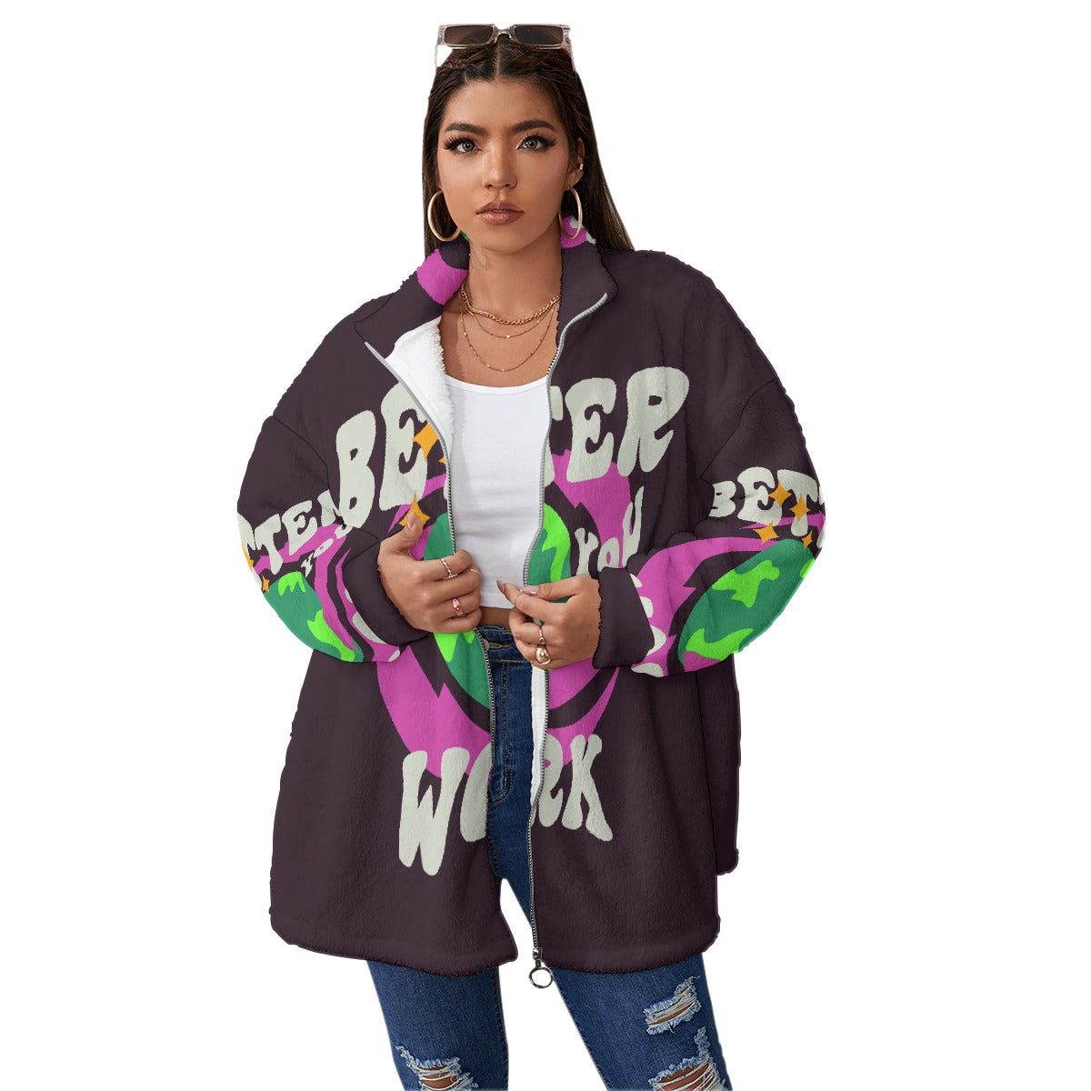 All-Over Print Unisex Borg Fleece Stand-up Collar Coat With Zipper Closure(Plus Size)