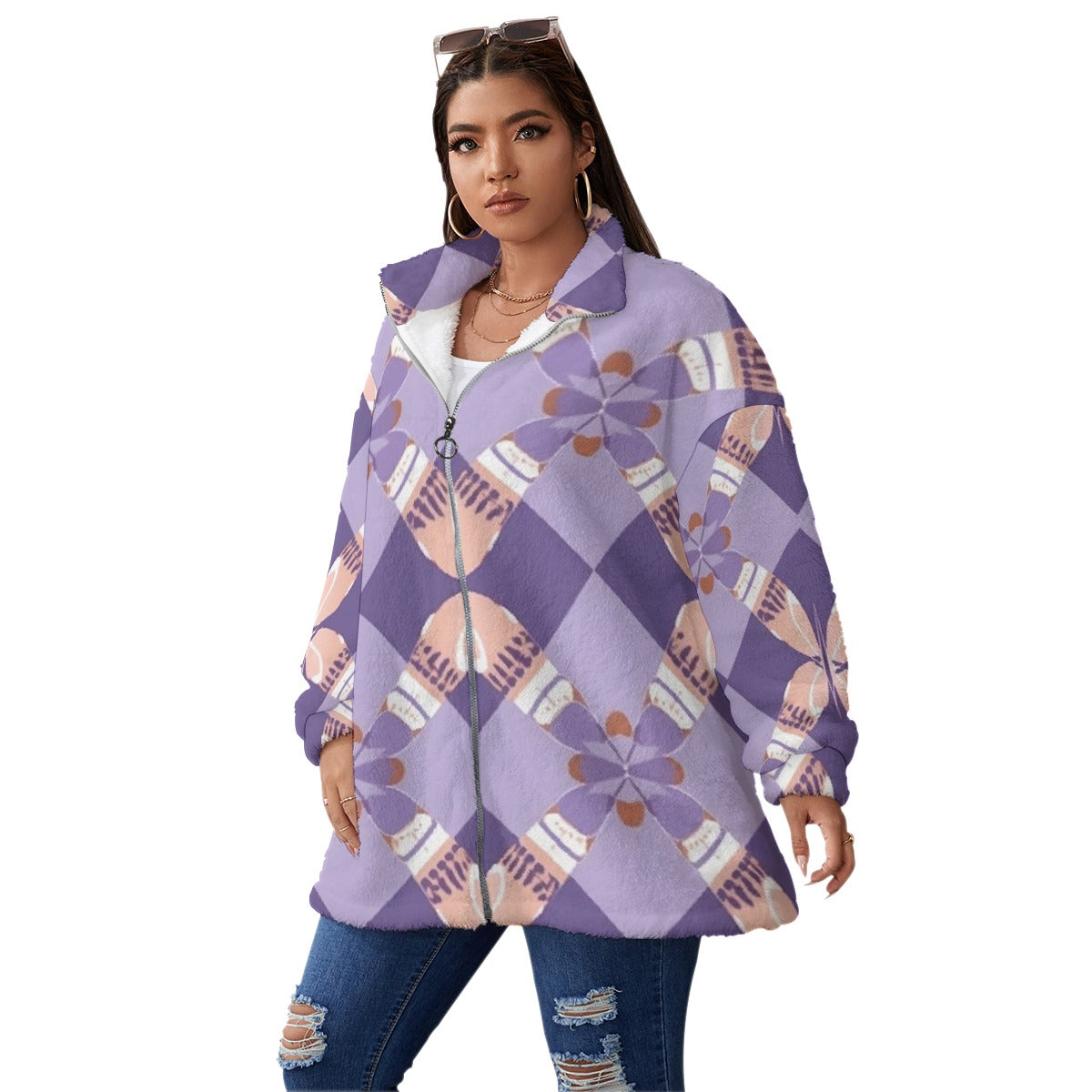 All-Over Print Unisex Borg Fleece Stand-up Collar Coat With Zipper Closure(Plus Size)