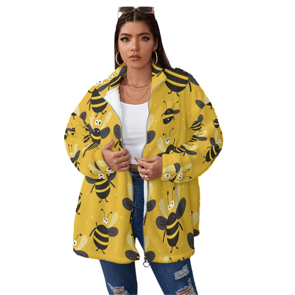 All-Over Print Unisex Borg Fleece Stand-up Collar Coat With Zipper Closure(Plus Size)