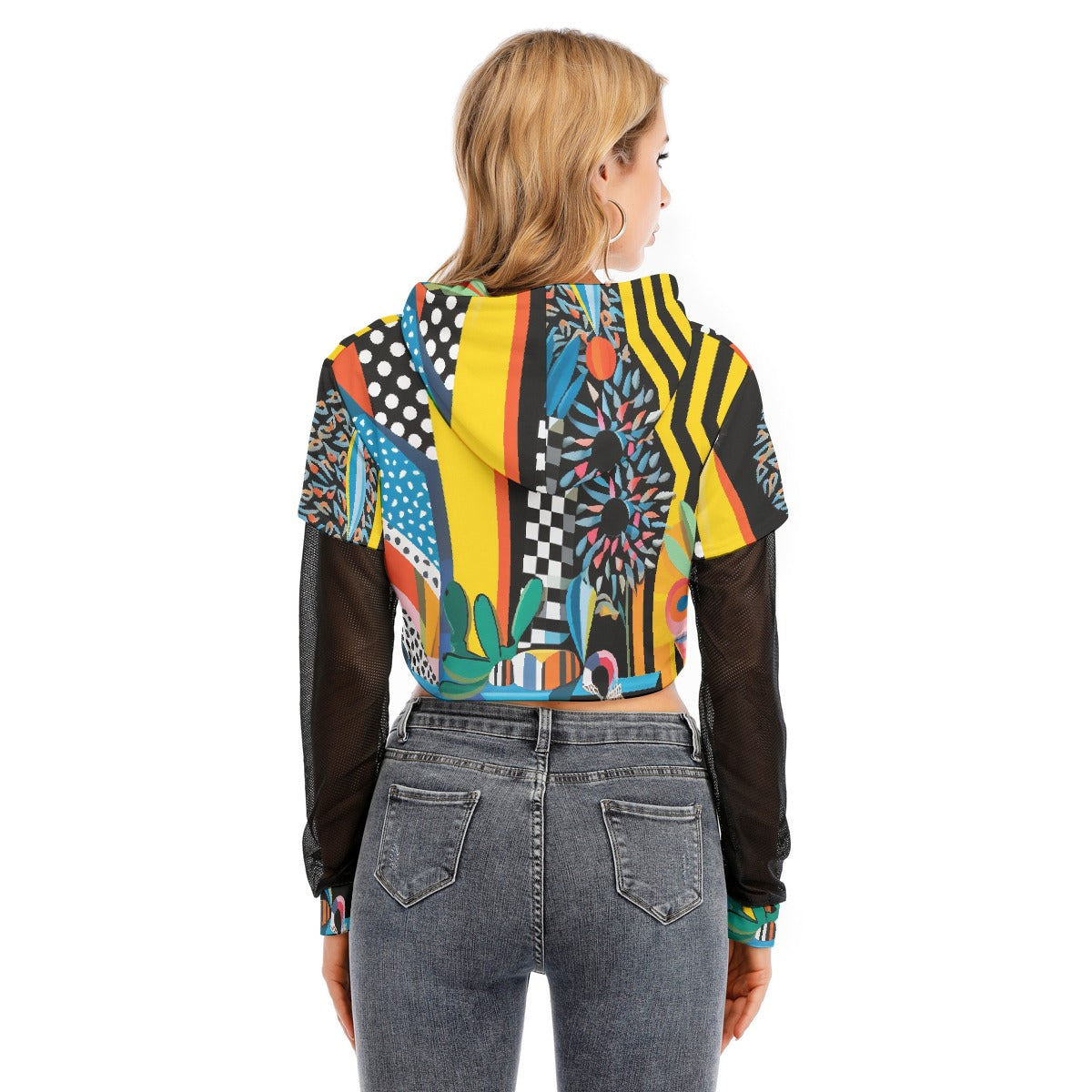 All-Over Print Women's Fake Two-piece Mesh Sleeve Cropped Hoodie