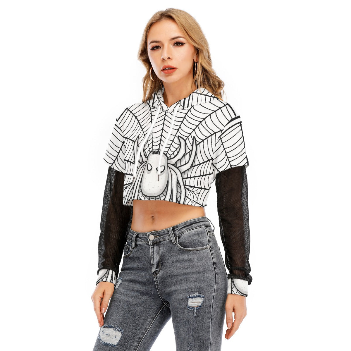 All-Over Print Women's Fake Two-piece Mesh Sleeve Cropped Hoodie