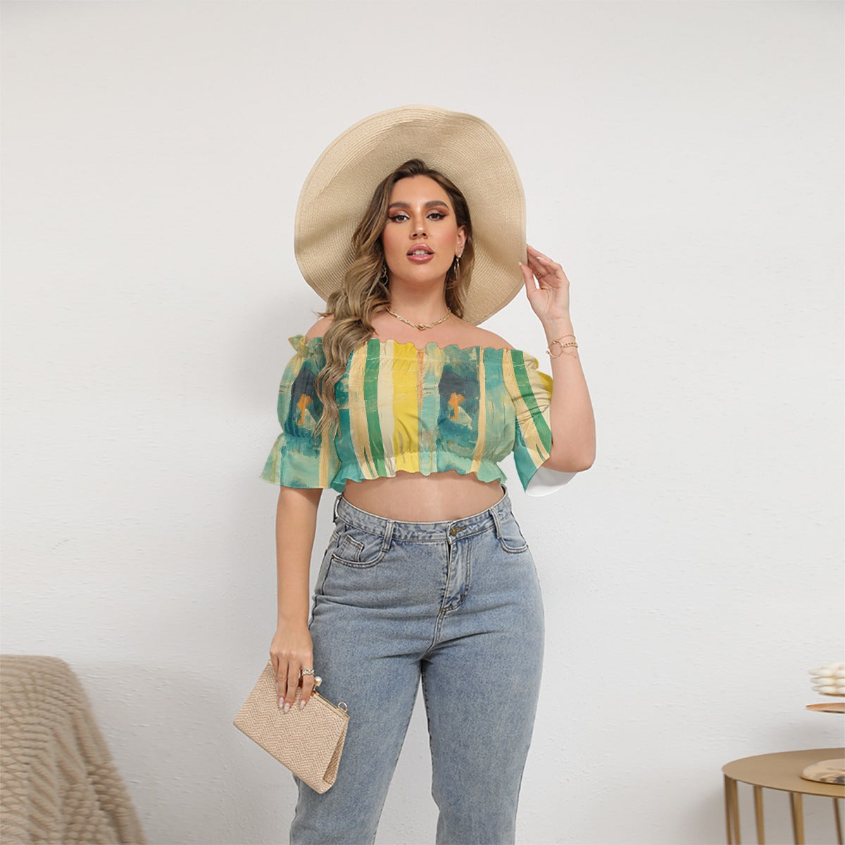 All-Over Print Women's Off-shoulder Cropped Top With Short Puff Sleeve