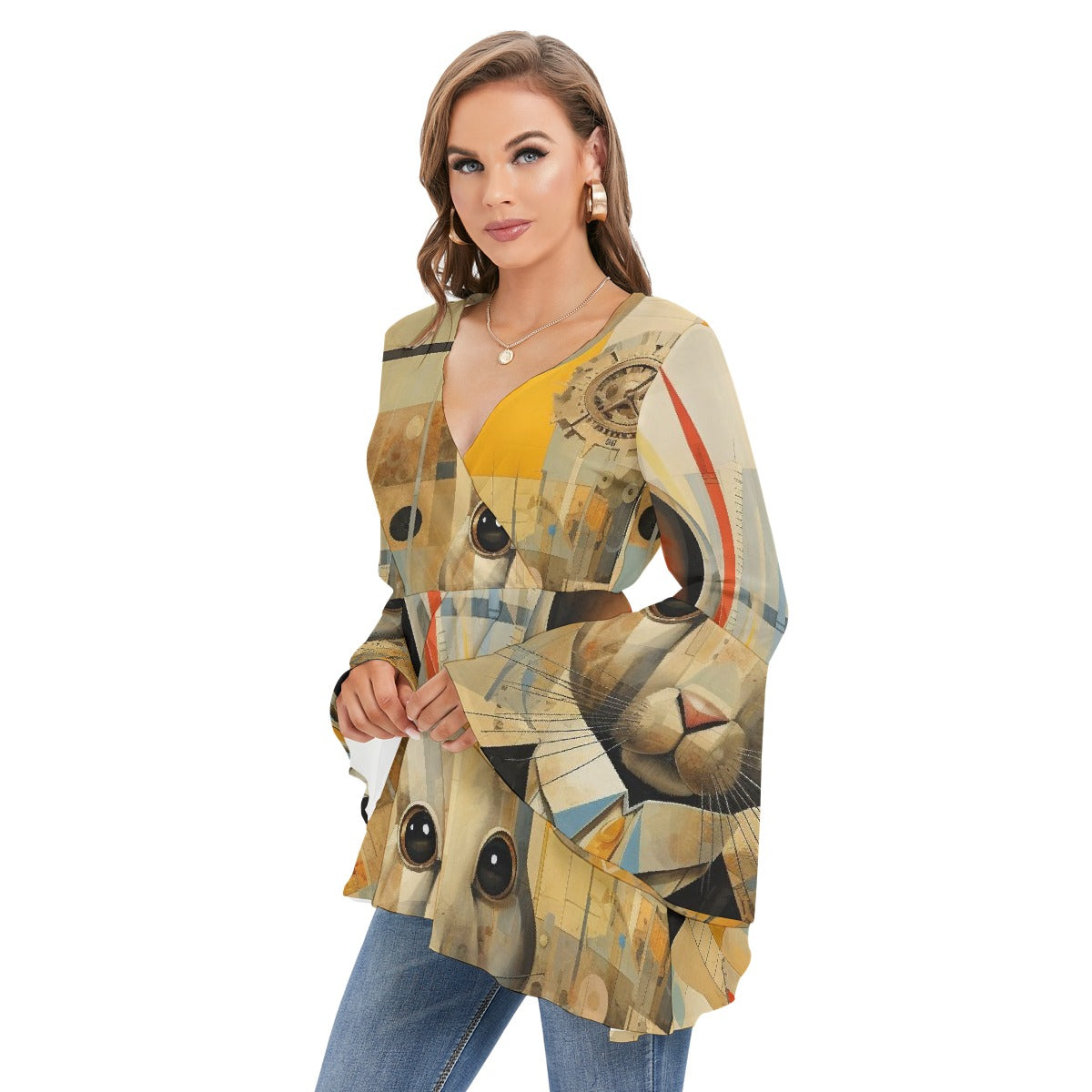 All-Over Print Women's V-neck Blouse With Flared Sleeves