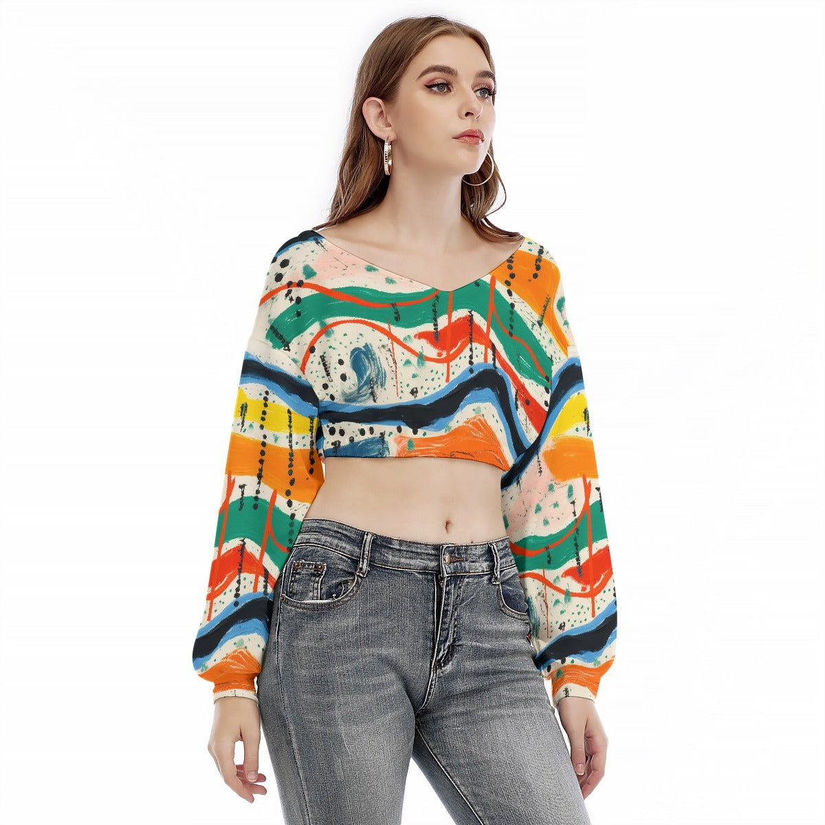 All-Over Print Women's V-neck Long Sleeve Cropped Sweatshirt