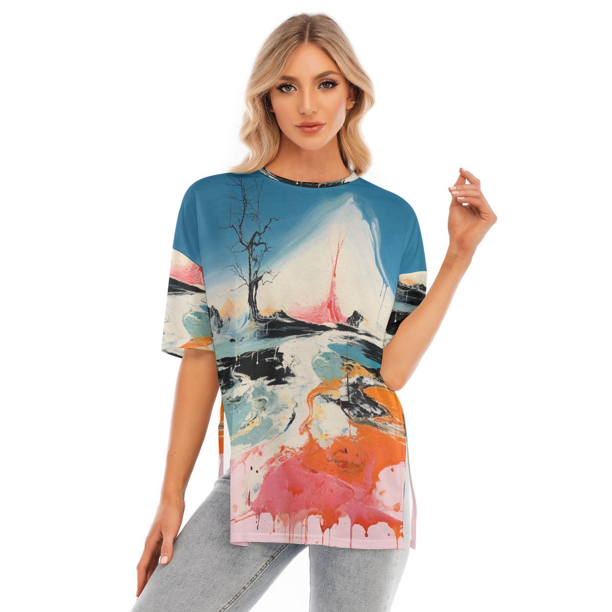 All-Over Print Women's Short Sleeves T-shirt With Hem Split
