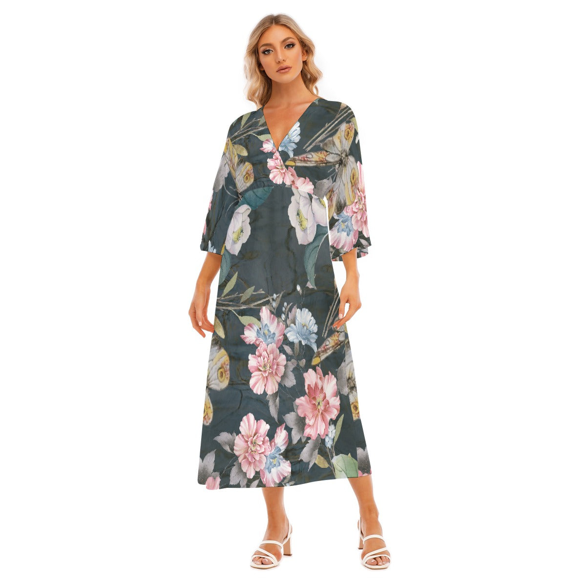 All-Over Print Women's Mid-Sleeve Long Dress