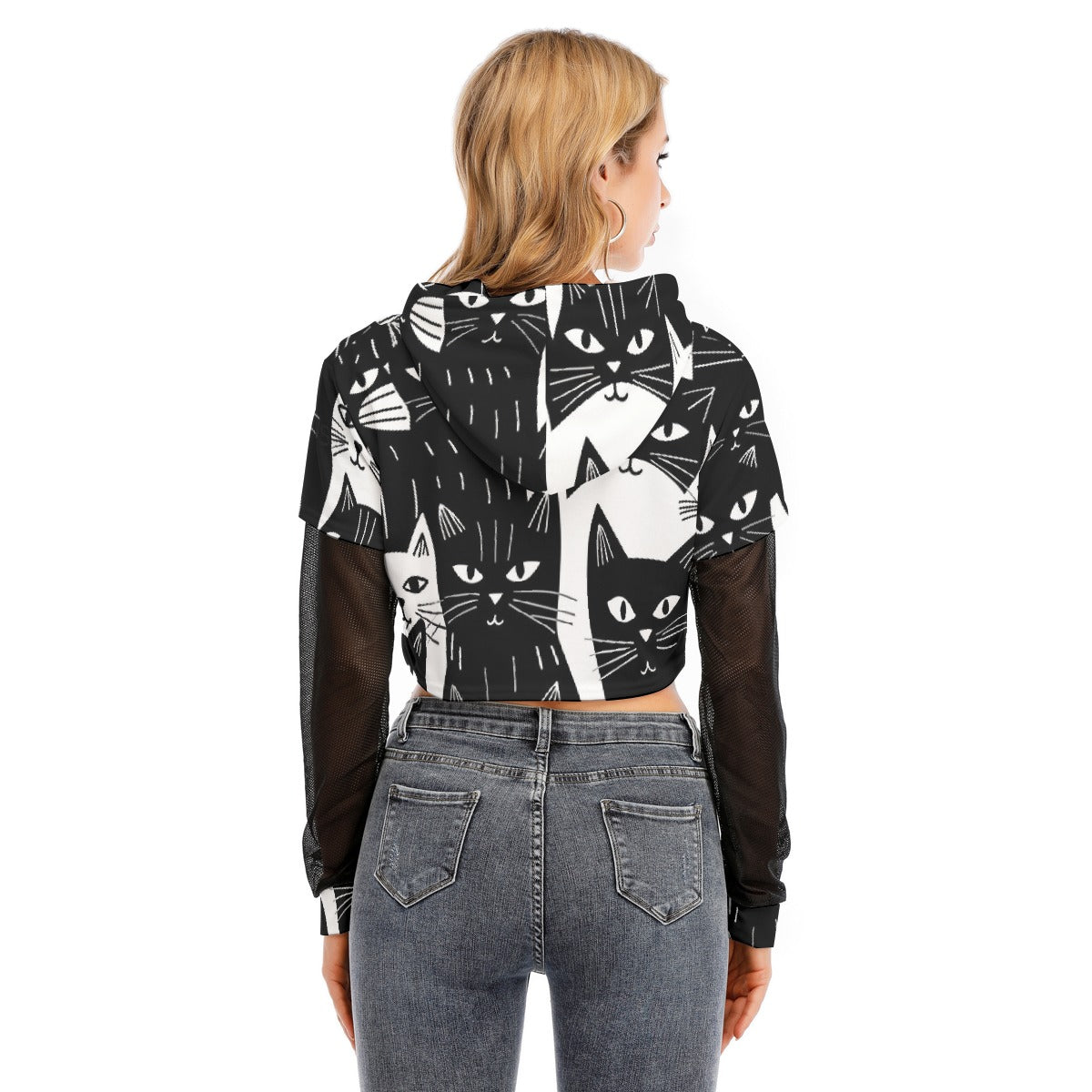 All-Over Print Women's Fake Two-piece Mesh Sleeve Cropped Hoodie