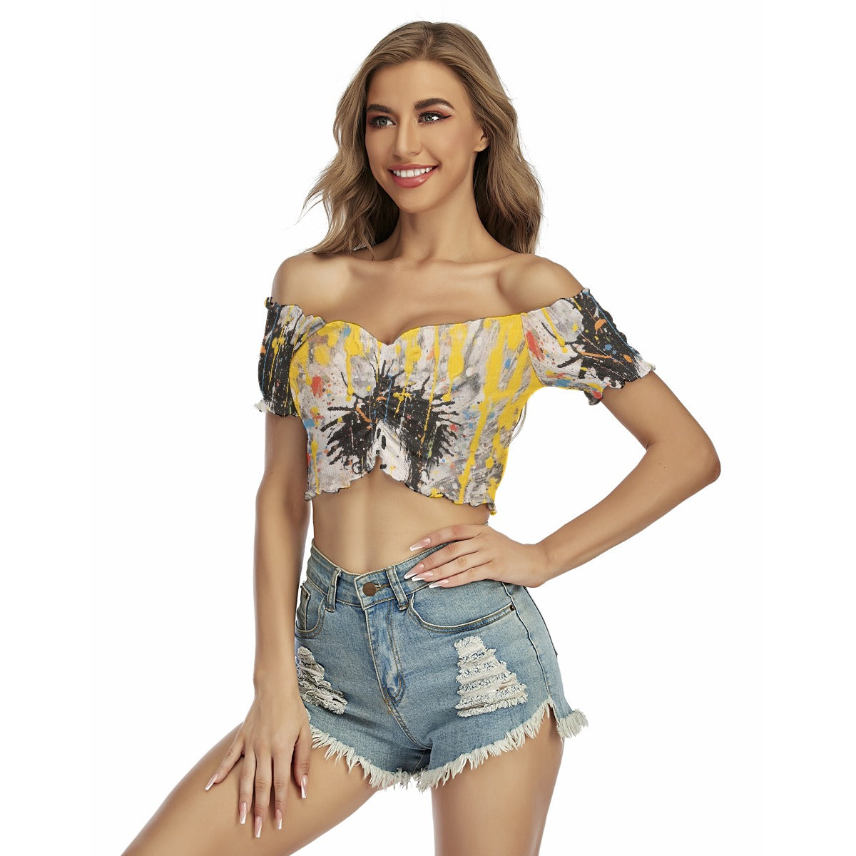All-Over Print Women's One-shoulder Off-the-navel Short Sleeve T-shirt