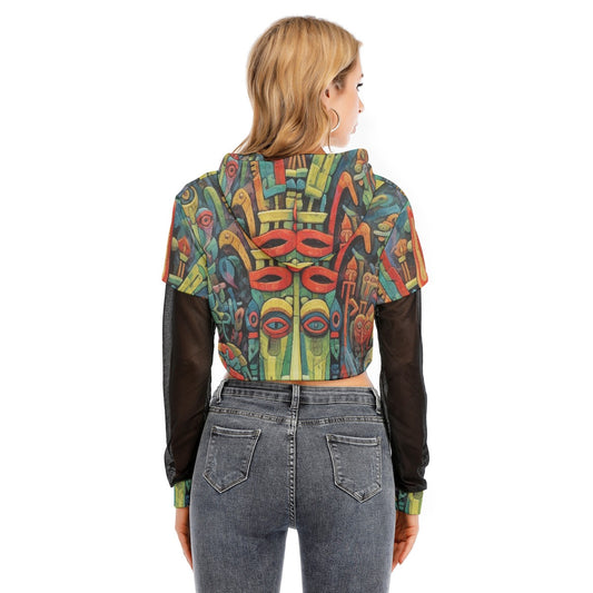 All-Over Print Women's Fake Two-piece Mesh Sleeve Cropped Hoodie