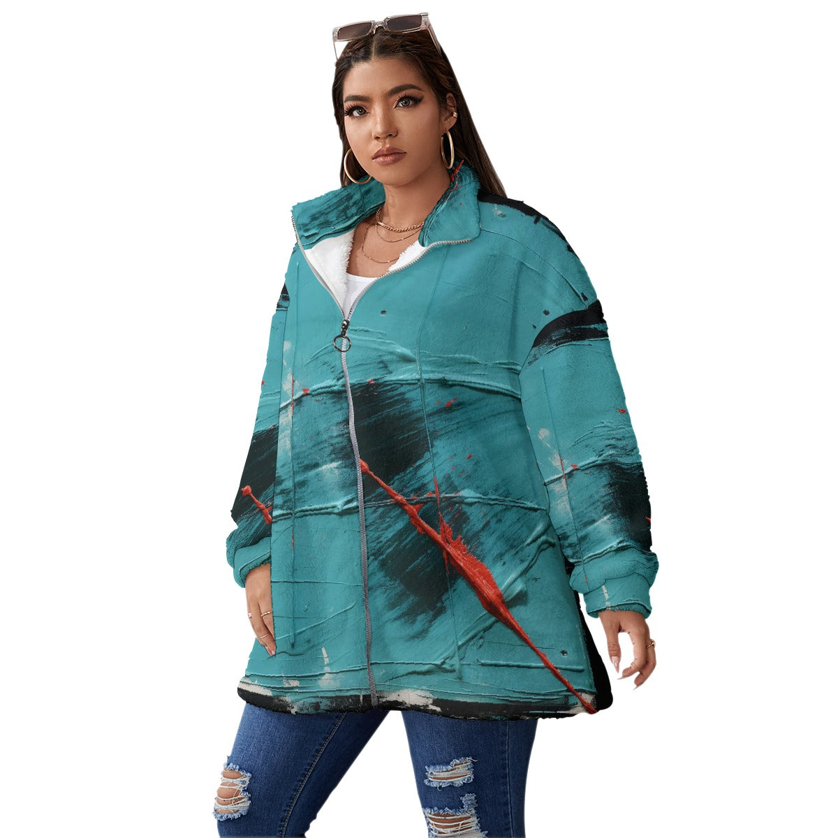 All-Over Print Unisex Borg Fleece Stand-up Collar Coat With Zipper Closure(Plus Size)
