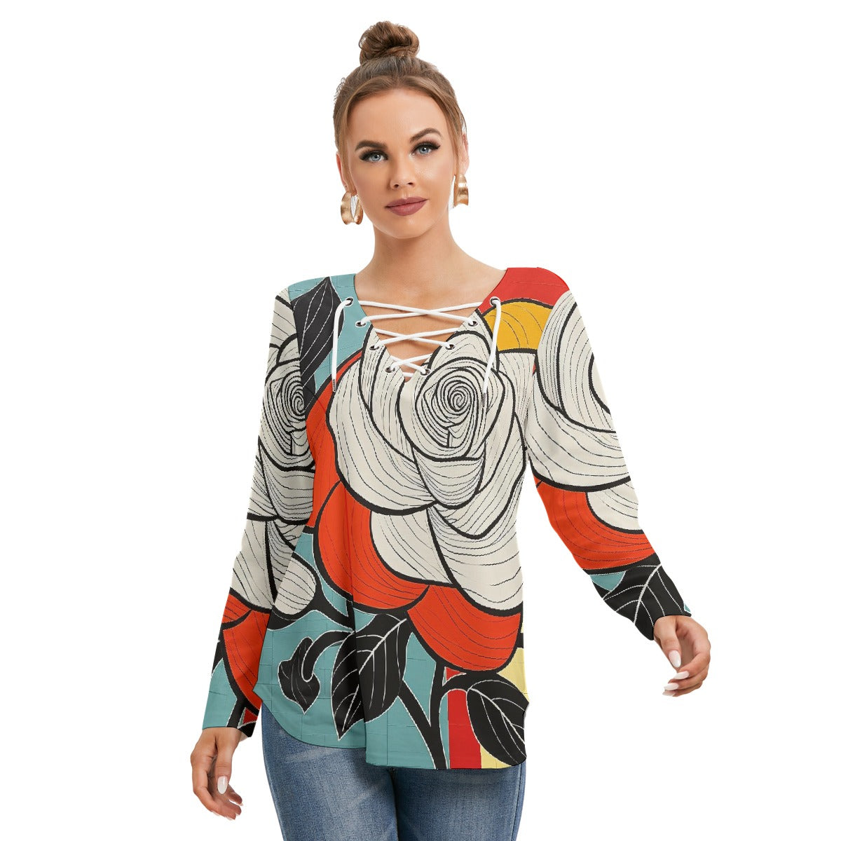All-Over Print Women's Long Sleeve Neckline Tie Sweatshirt