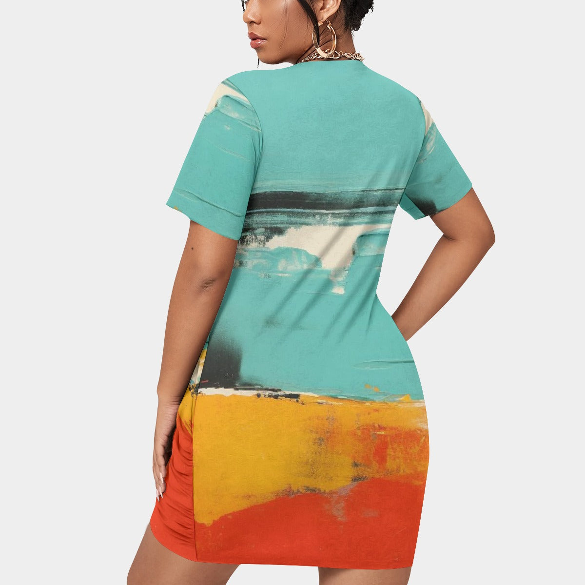 All-Over Print Women’s Stacked Hem Dress With Short Sleeve（Plus Size）