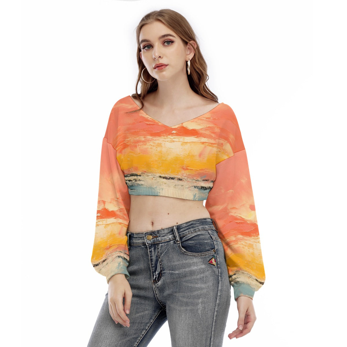 All-Over Print Women's V-neck Long Sleeve Cropped Sweatshirt