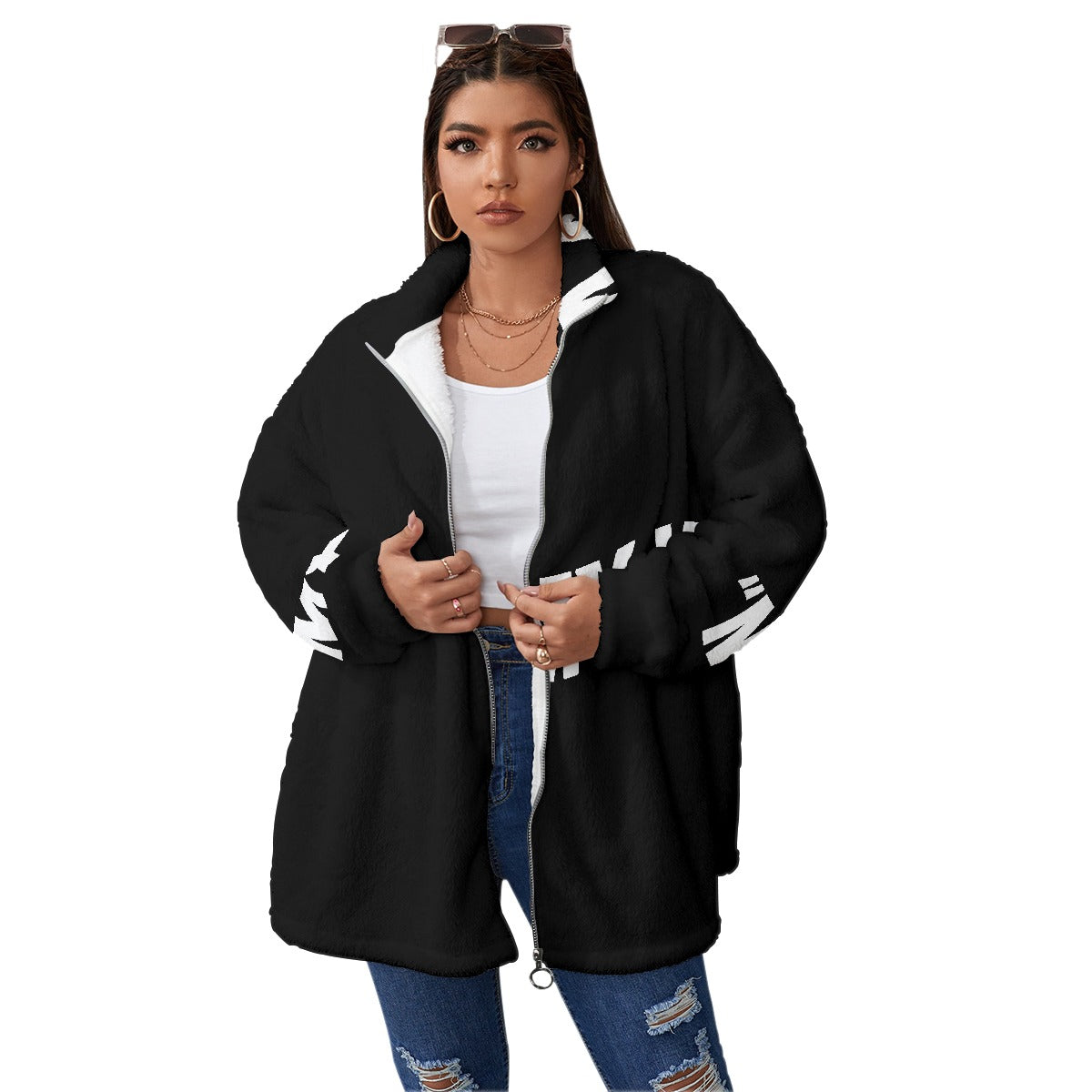 All-Over Print Unisex Borg Fleece Stand-up Collar Coat With Zipper Closure(Plus Size)