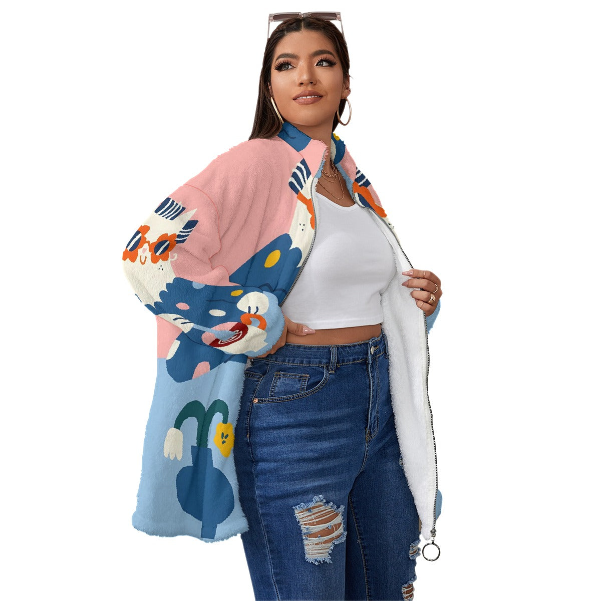 All-Over Print Unisex Borg Fleece Stand-up Collar Coat With Zipper Closure(Plus Size)