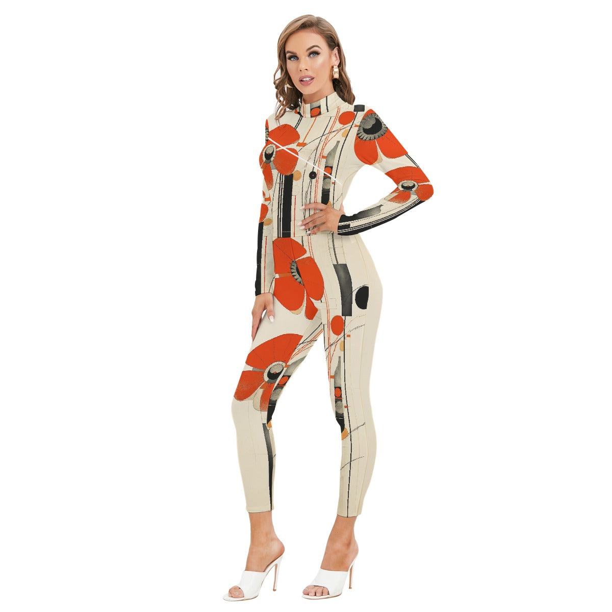 All-Over Print Women's Long-sleeved High-neck Jumpsuit With Zipper