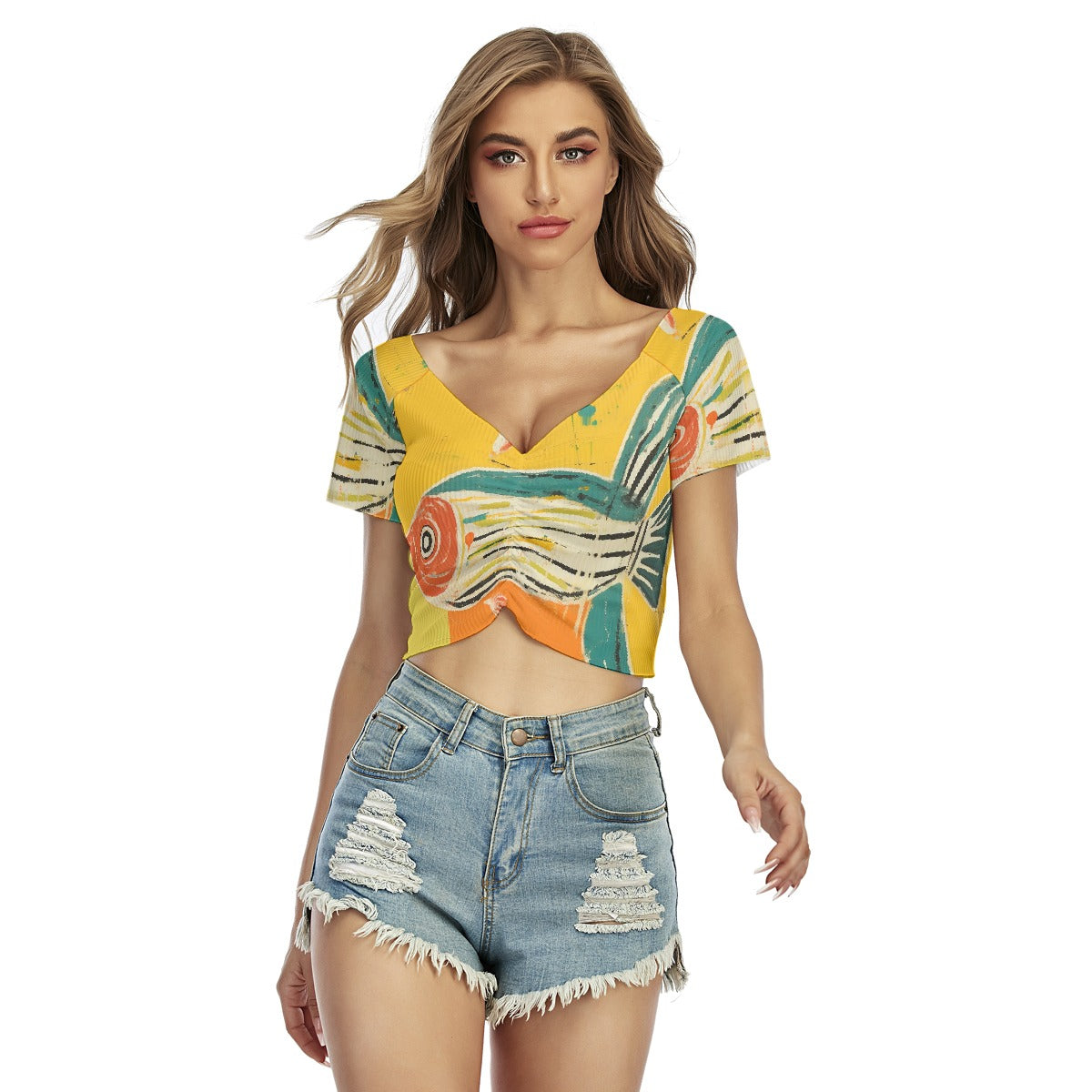 All-Over Print Women's Raglan Drawstring Front  Crop Tee