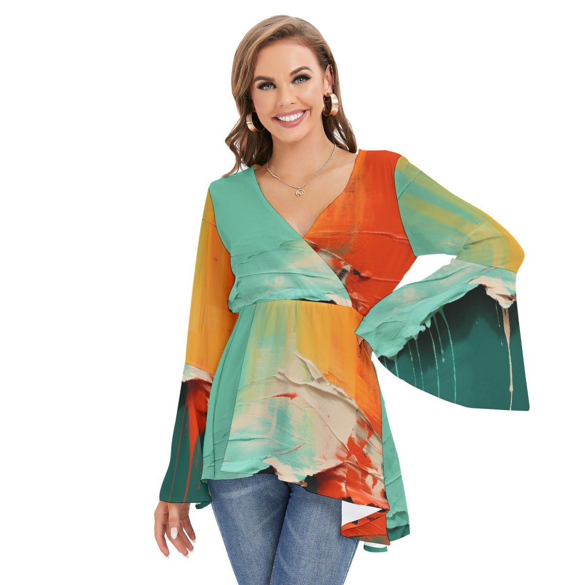 All-Over Print Women's V-neck Blouse With Flared Sleeves