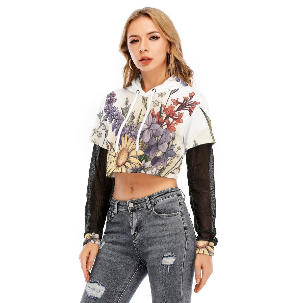 All-Over Print Women's Fake Two-piece Mesh Sleeve Cropped Hoodie