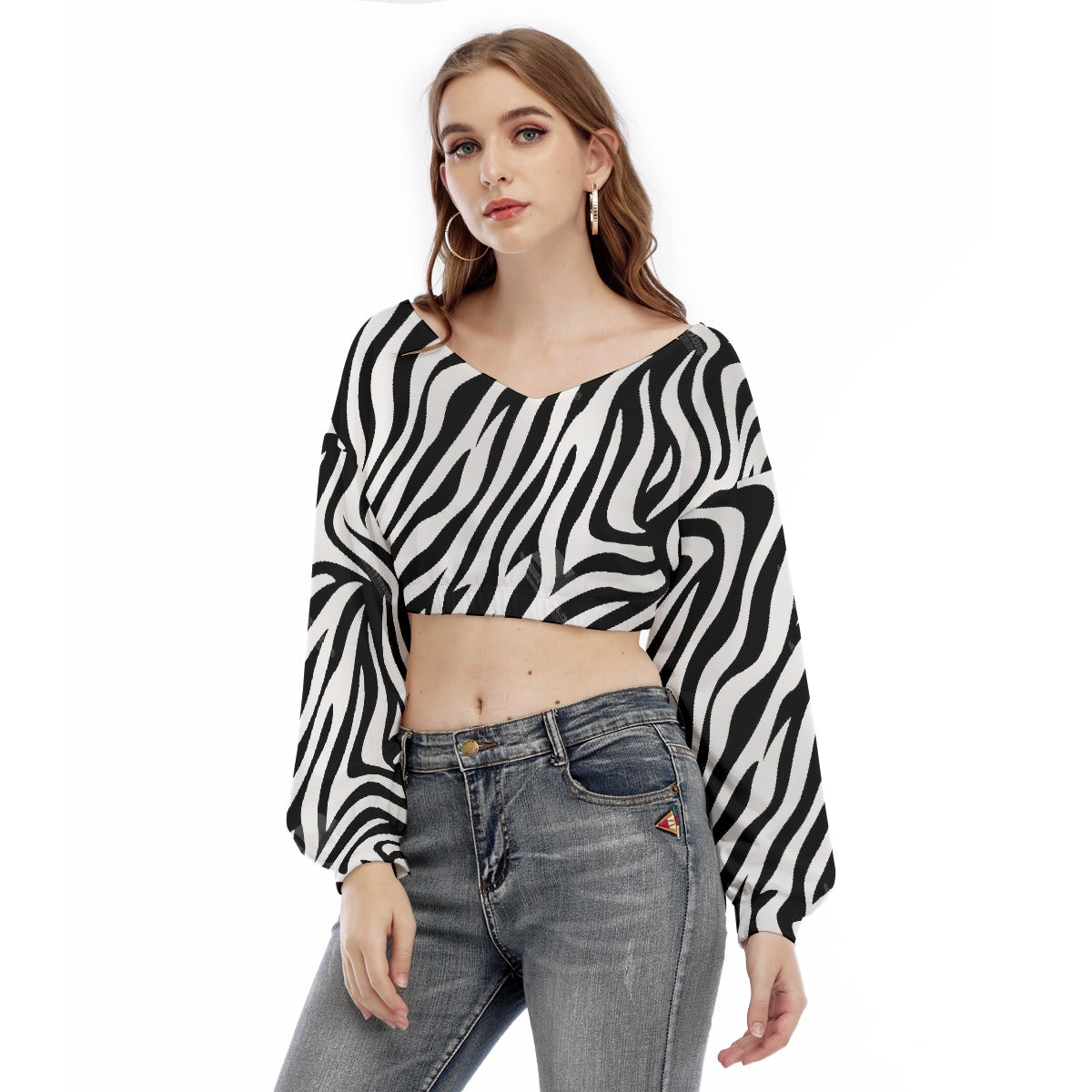 All-Over Print Women's V-neck Long Sleeve Cropped Sweatshirt