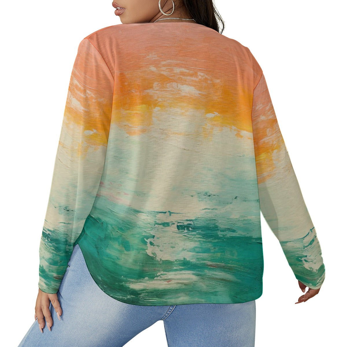 All-Over Print Women's V-neck T-shirt With Curved Hem(Plus Size)