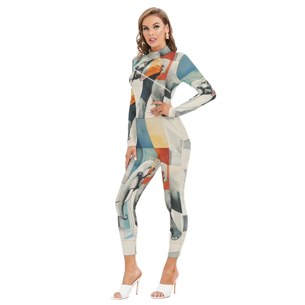 All-Over Print Women's Long-sleeved High-neck Jumpsuit With Zipper
