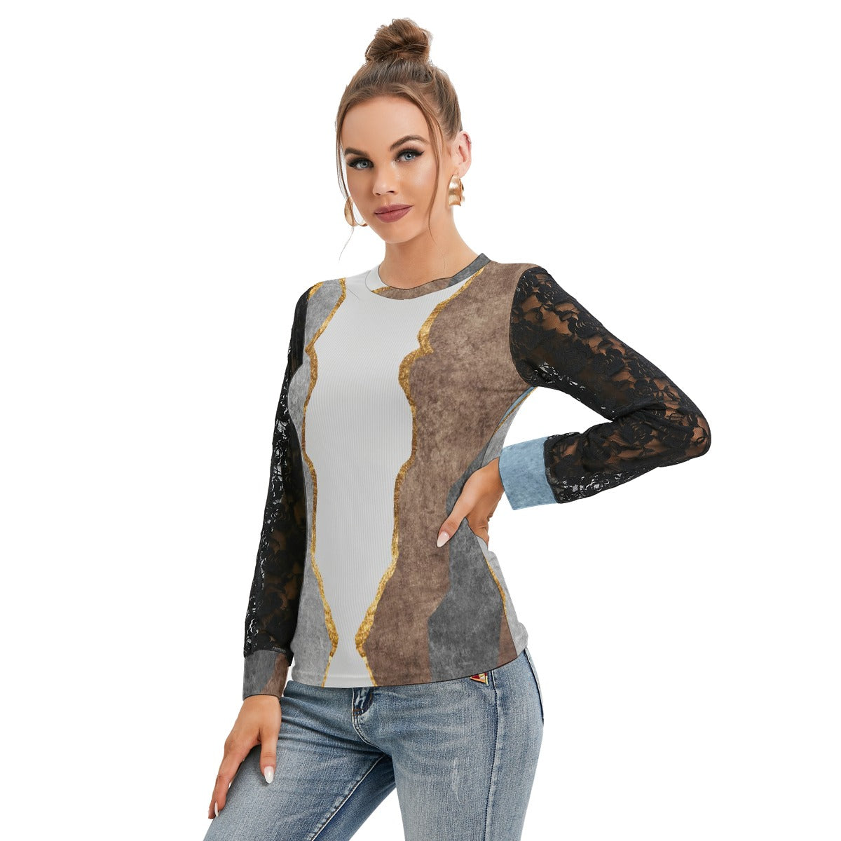 All-Over Print Women's T-shirt And Sleeve With Black Lace