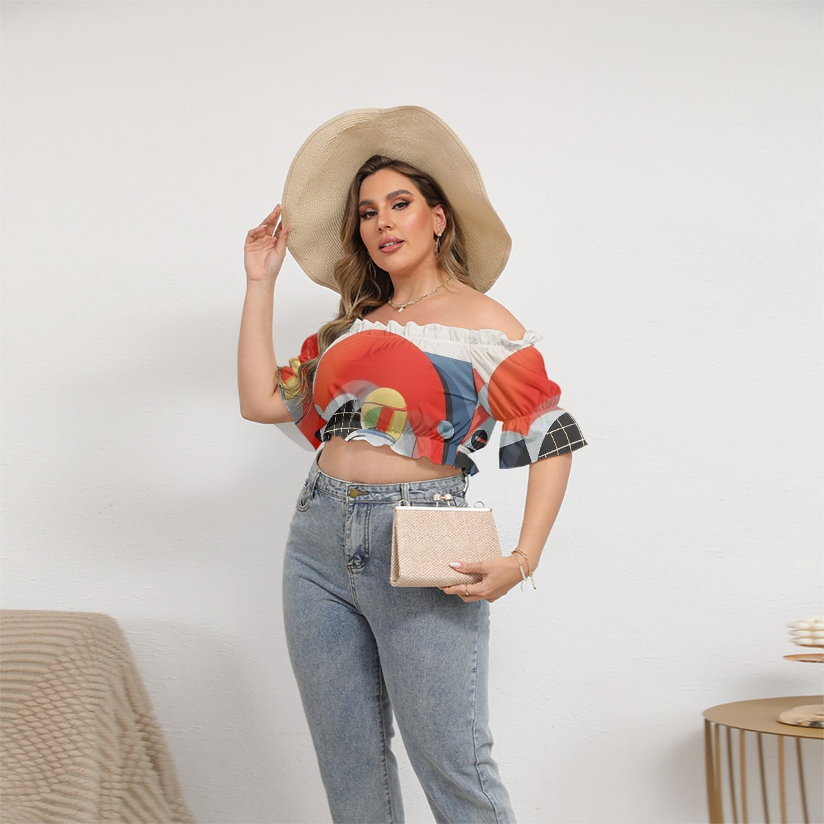 All-Over Print Women's Off-shoulder Cropped Top With Short Puff Sleeve