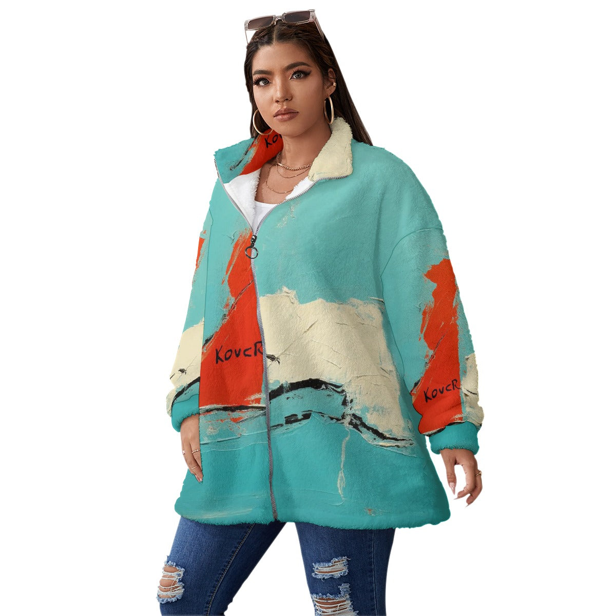 All-Over Print Unisex Borg Fleece Stand-up Collar Coat With Zipper Closure(Plus Size)