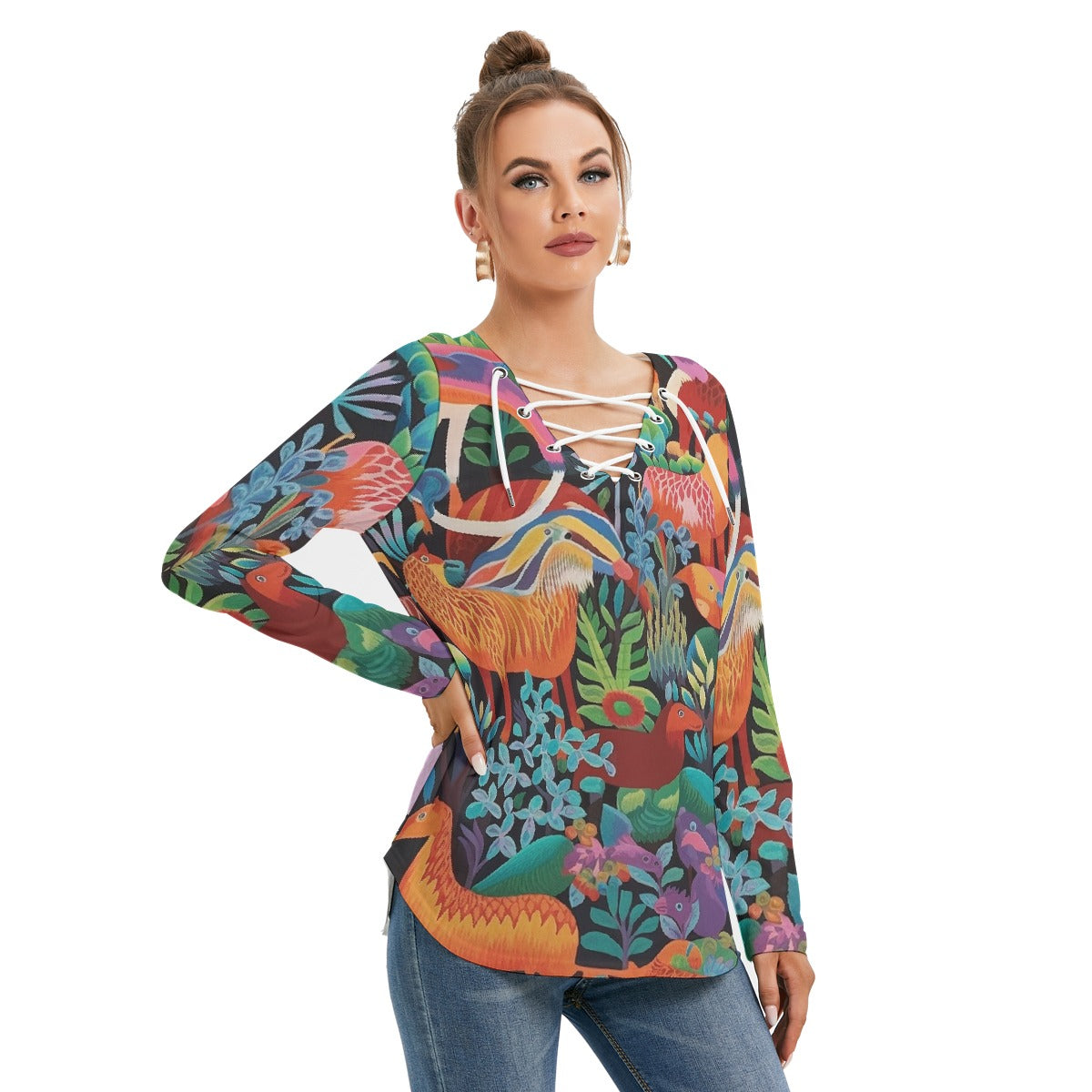 All-Over Print Women's Long Sleeve Neckline Tie Sweatshirt