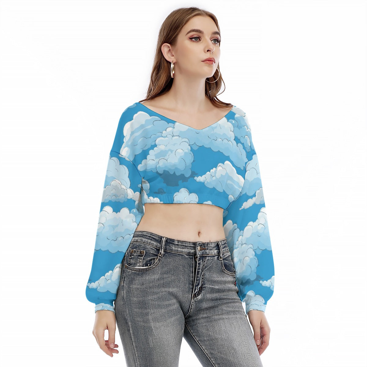 All-Over Print Women's V-neck Long Sleeve Cropped Sweatshirt