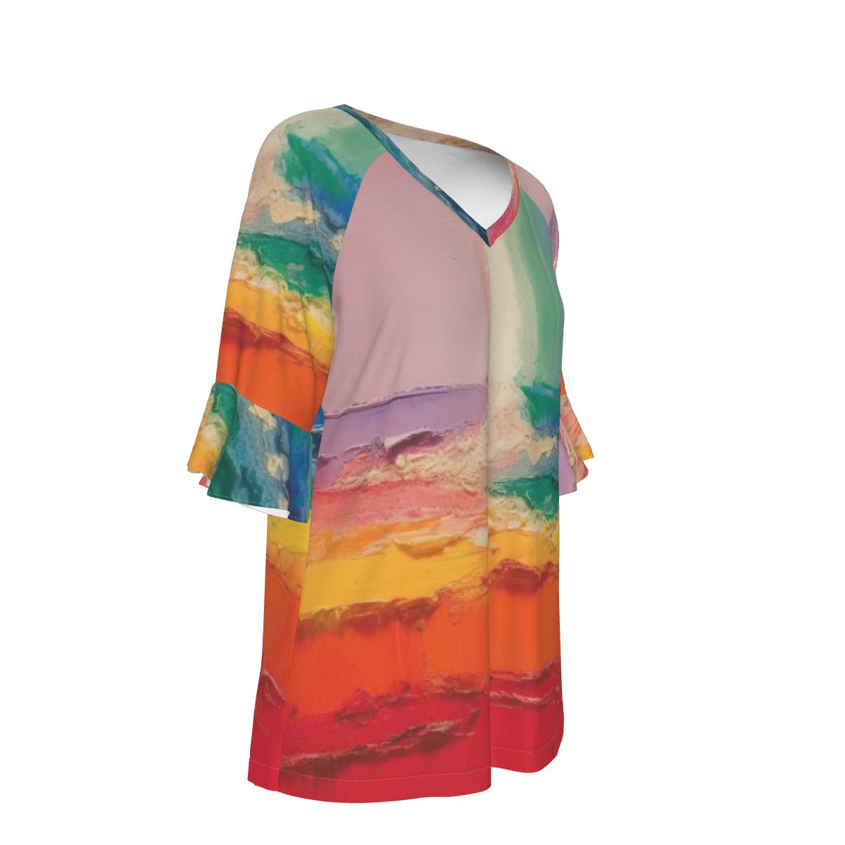 All-Over Print V-neck Women's T-shirt With Bell Sleeve