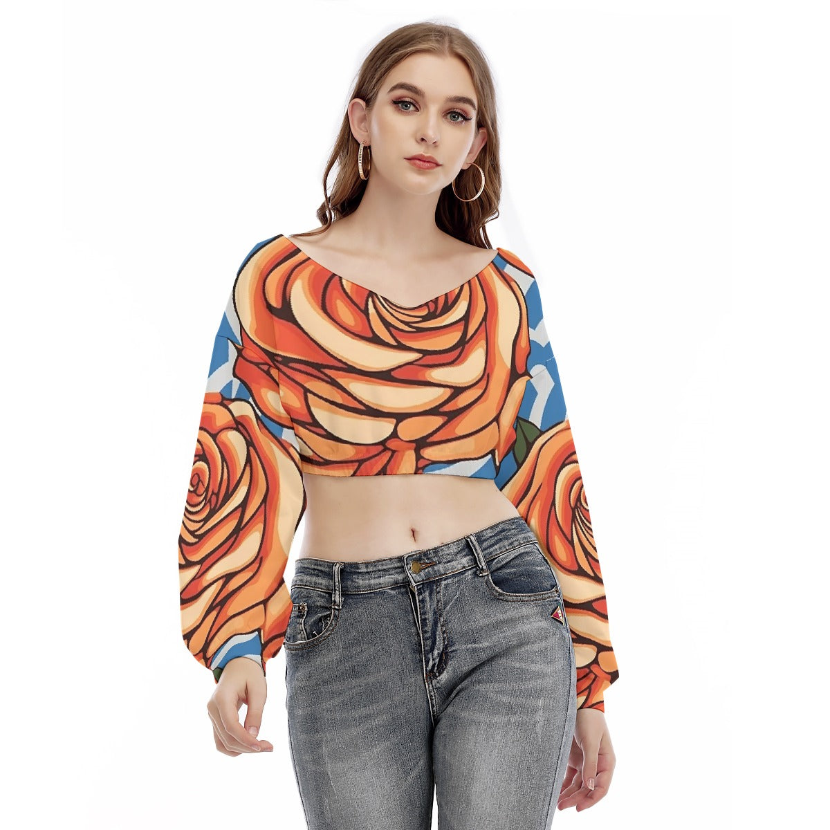 All-Over Print Women's V-neck Long Sleeve Cropped Sweatshirt