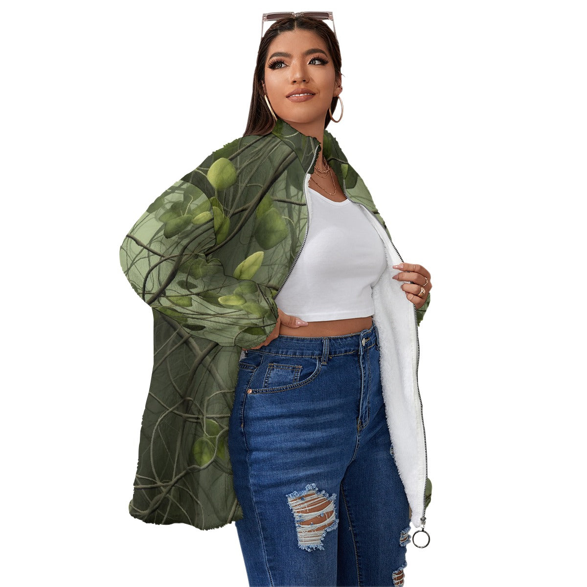 All-Over Print Unisex Borg Fleece Stand-up Collar Coat With Zipper Closure(Plus Size)
