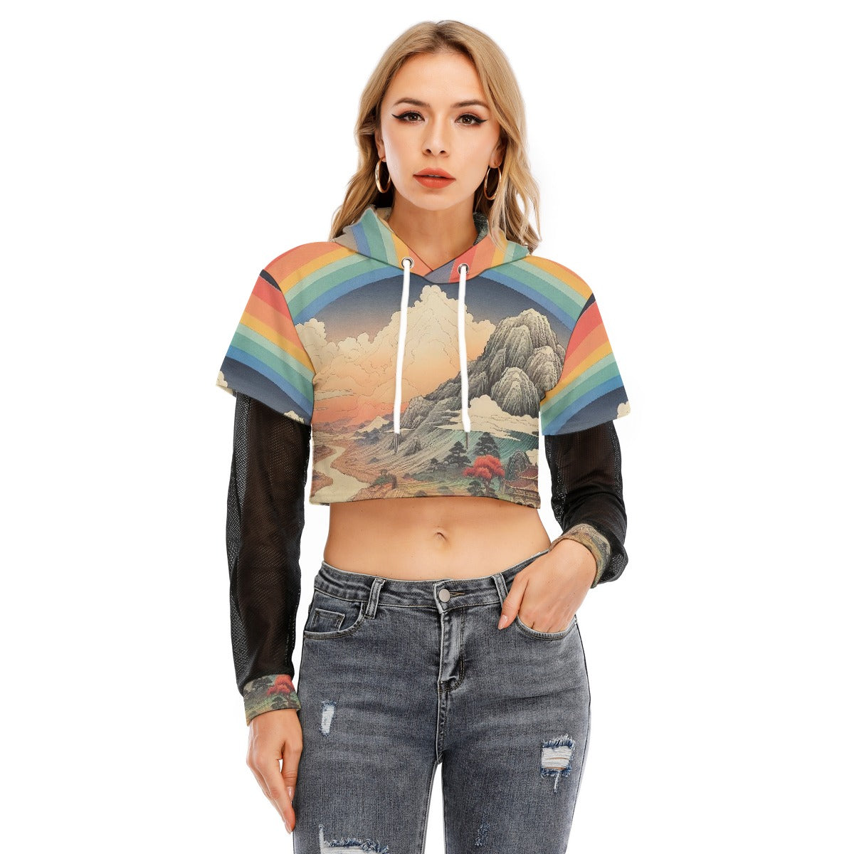 All-Over Print Women's Fake Two-piece Mesh Sleeve Cropped Hoodie
