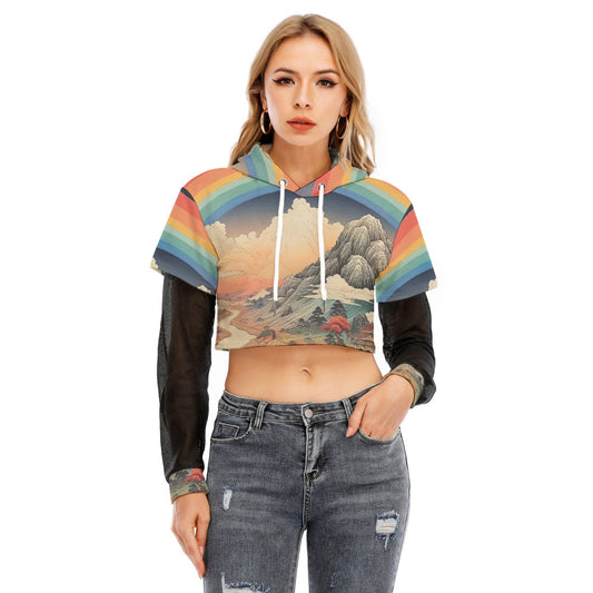 All-Over Print Women's Fake Two-piece Mesh Sleeve Cropped Hoodie
